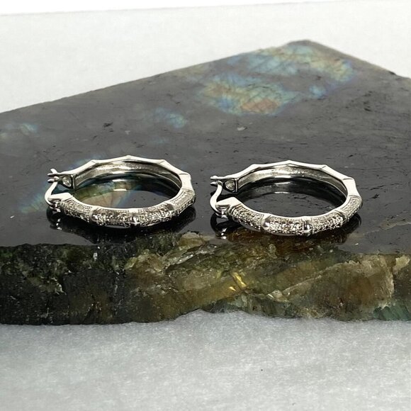 Sterling Silver 925 DBJ Bamboo Style Single Diamond Hoop Earrings MISSING STONE - Picture 15 of 16